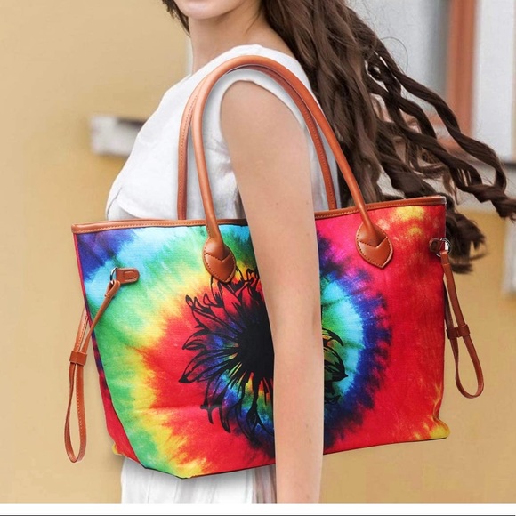 Large Tote Bag Canvas Tie Dye Sunflower Overnight Bag with Two Sturdy Shoulder - Picture 4 of 7